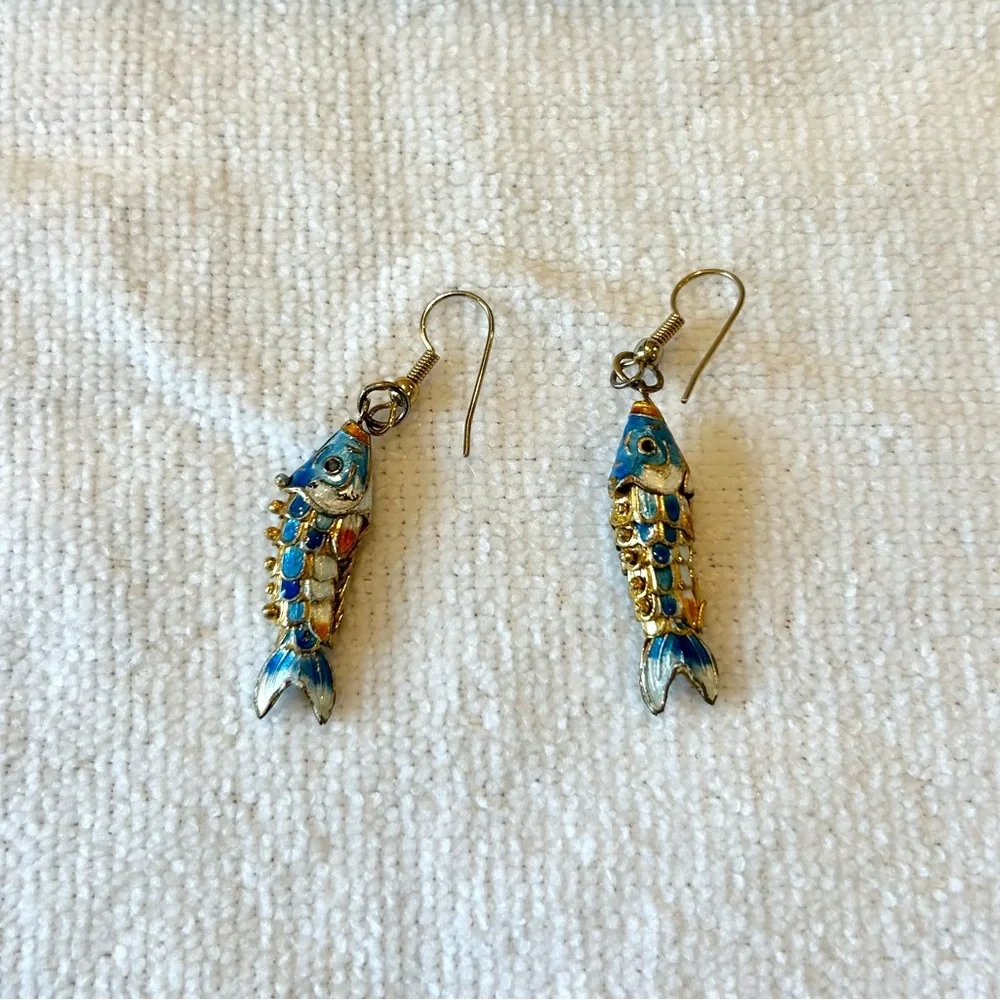 Vintage Cloisonne Articulated Fish Earrings